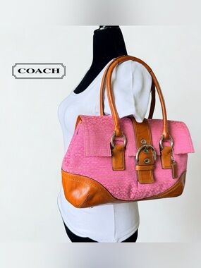 Coach Pink Canvas Satchel with Tan Leather Trim and Buckle Barbiecore